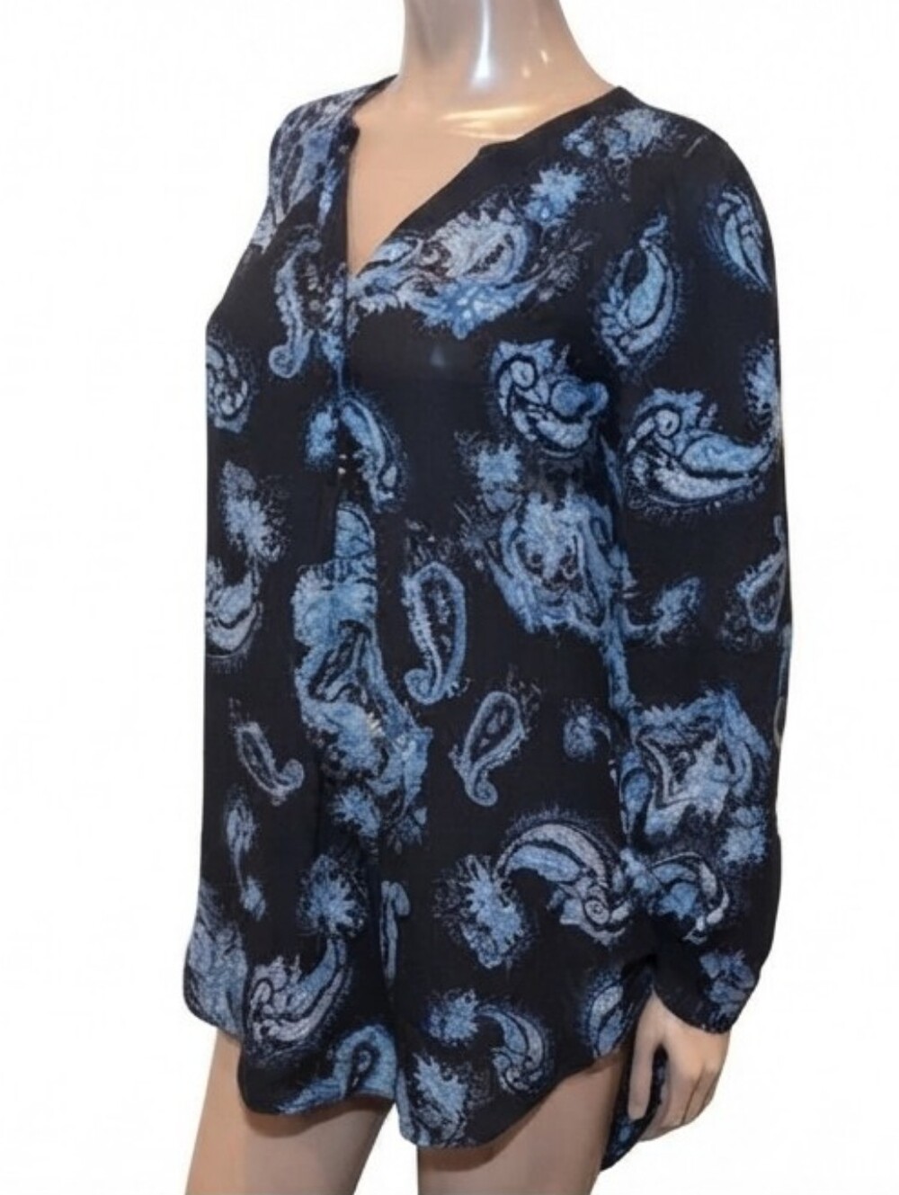 Rickis Paisley Shirt Dress V-Neck Long Sleeve Tunic Roll Tab Flowy Navy Blue